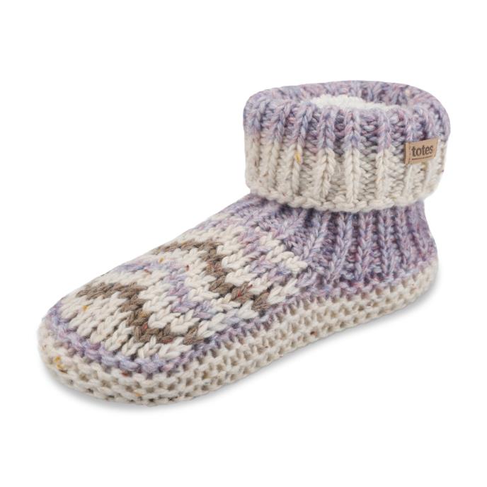 totes toasties® Ladies Sherpa Lined Chunky Knit Bootie Purple / Oat Mix Extra Image 3